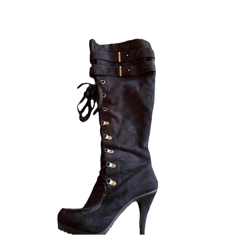 Baby Phat Tall Black Faux SUEDE Lace-Up Stiletto Womens 8.5 Boots Streetwear Y2k